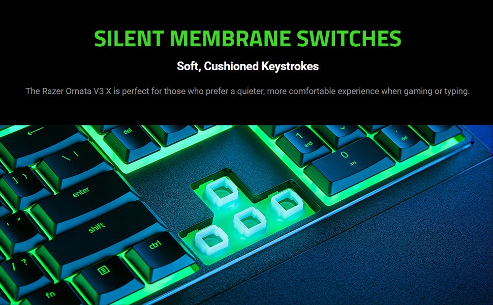 Ornata V3 X Low Profile Mecha-Membrane Wired Keyboard, UV Coated Keycaps, Single Zone RGB Lighting, 1000 Hz Ultrapolling, Wrist Rest, Silent Switch, US English Layout, Black | RZ03-04470100-R3M1