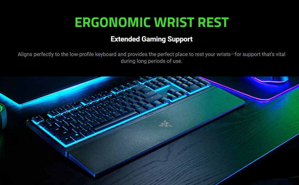Ornata V3 X Low Profile Mecha-Membrane Wired Keyboard, UV Coated Keycaps, Single Zone RGB Lighting, 1000 Hz Ultrapolling, Wrist Rest, Silent Switch, US English Layout, Black | RZ03-04470100-R3M1