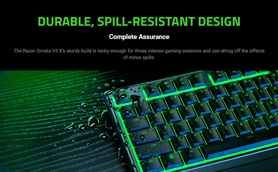Ornata V3 X Low Profile Mecha-Membrane Wired Keyboard, UV Coated Keycaps, Single Zone RGB Lighting, 1000 Hz Ultrapolling, Wrist Rest, Silent Switch, US English Layout, Black | RZ03-04470100-R3M1