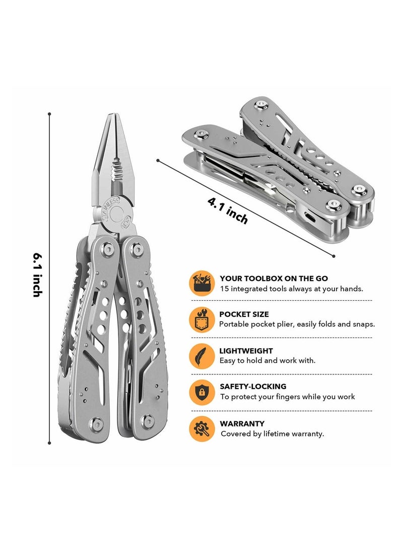 14-in-1 Multitool, Professional Stainless Steel Multi Tools with Safety Locking, Professional Stainless Steel Multitool Pliers Pocket Knife, Replaceable Bits Multitools for Outdoor, Camping