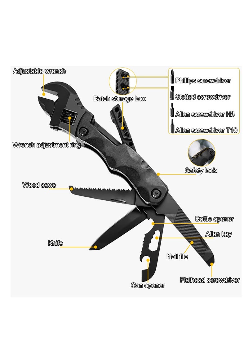 Multitool Wrench 14 in 1 Adjustable Portable Wrench with Screwdriver Set Bottle Opener Blade Saw Pliers for Camping outdoor Emergency Daily Use and More Gifts for Men Dad Husband Black