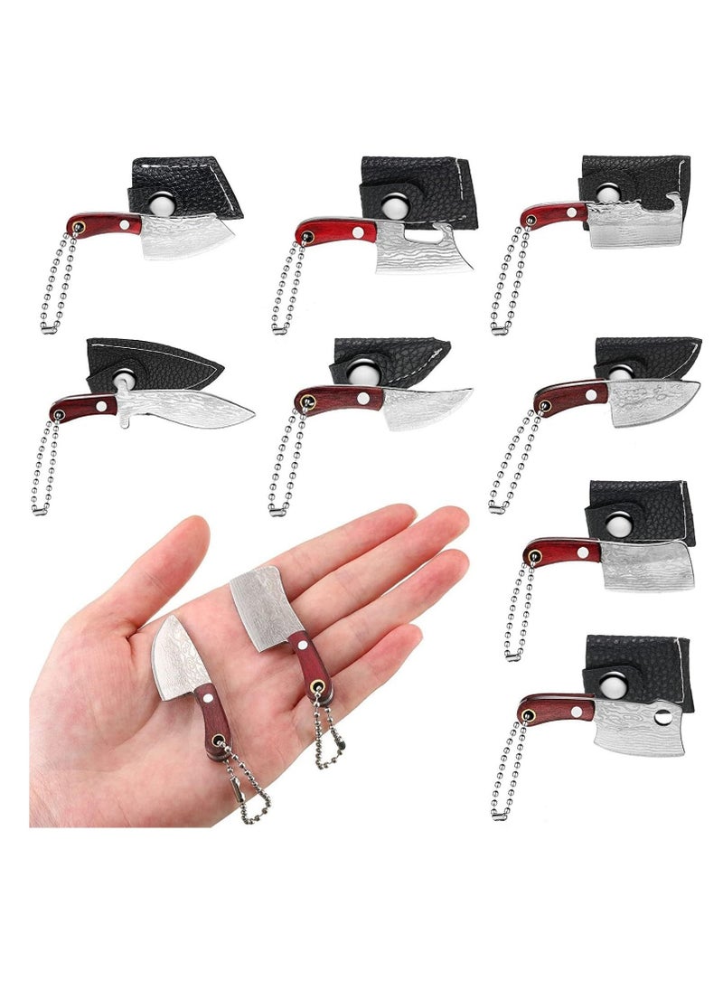 Mini Knifes, 8 Pcs Knife Keychain, Pocket Knife Set, Tiny Knife Key Chain, Wooden Handle Small Leather Sleeve Knife, Outdoor Portable Carry on Decorative Gift Package Unboxing Knife Letter Opener