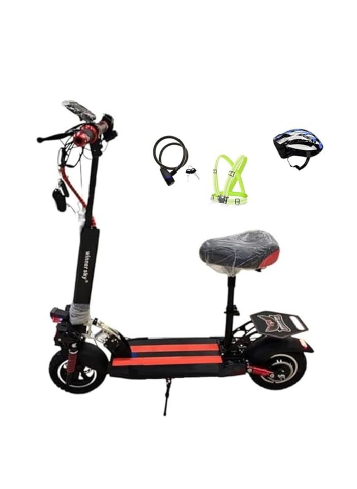 Winner Sky Pro2 Kick Scooter 2024, 3000 Watts motor, 48V 13A Battery, 25 to 30km Mileage Full Foldable, Bluetooth Speaker, Seat Removable, black Color, LED Highlights, with Helmet and Vest