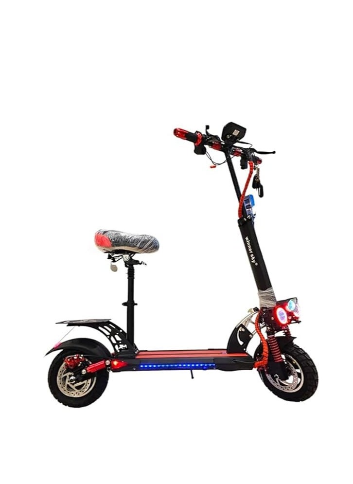 Winner Sky Pro2 Kick Scooter 2024, 3000 Watts motor, 48V 13A Battery, 25 to 30km Mileage Full Foldable, Bluetooth Speaker, Seat Removable, black Color, LED Highlights, with Helmet and Vest