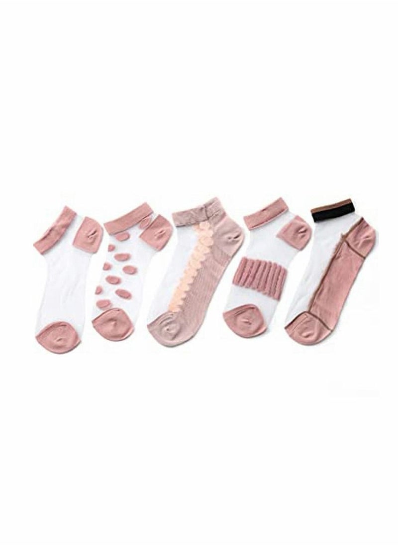 Socks, Silk Socks, Summer Mesh Silk Socks, Pink Transparent Ankle Socks, Lace Sheer Sock, Elastic Ultrathin Short Silk Stockings, for Women and Girls, 5 Pairs