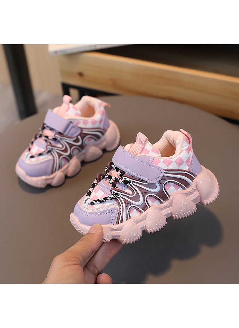 Spring New Breathable Lightweight Boys Running Shoes Velcro Torre Shoes Leather Top Plaid Wear-Resistant Girls SneakersA355 Pink A355 Pink