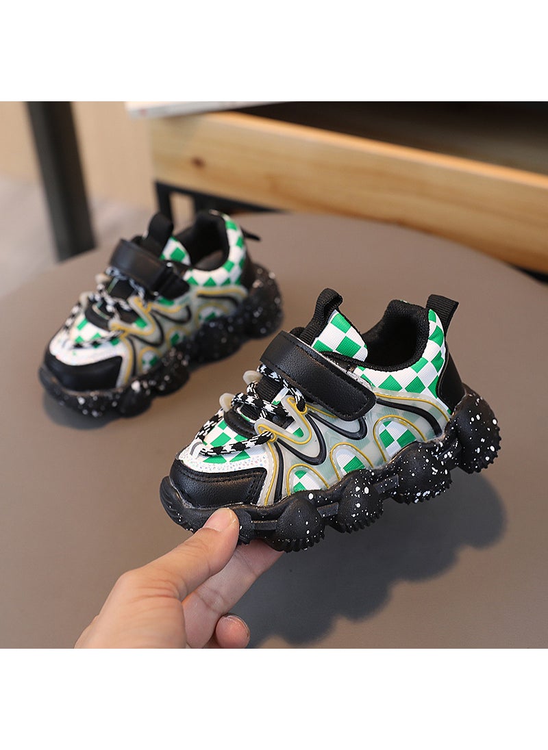 Spring New Breathable Lightweight Boys Running Shoes Velcro Torre Shoes Leather Top Plaid Wear-Resistant Girls SneakersA355 Black A355 Black