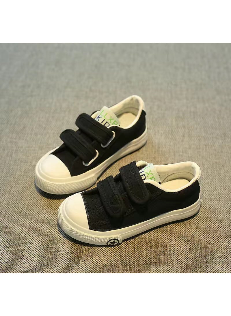 Childrens canvas shoes Velcro board shoes 2023 autumn new middle and big children student shoes boys and girls Korean style cloth shoesBlack Black