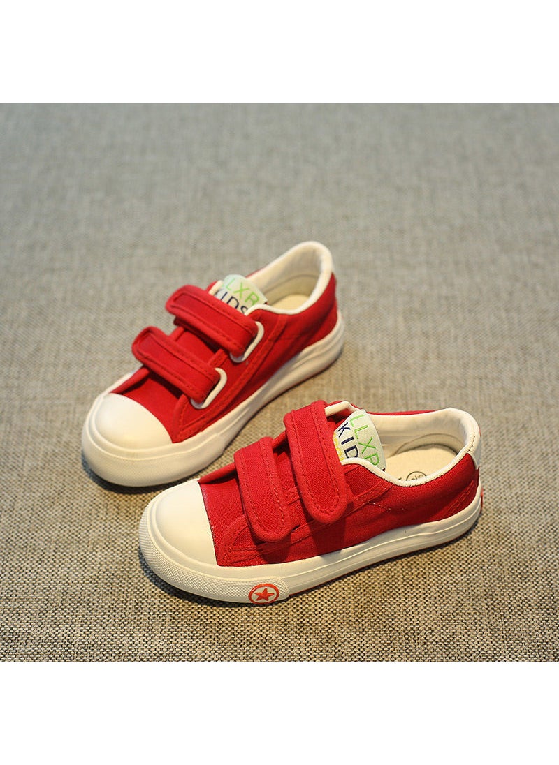 Childrens canvas shoes Velcro board shoes 2023 autumn new middle and big children student shoes boys and girls Korean style cloth shoesRed Red