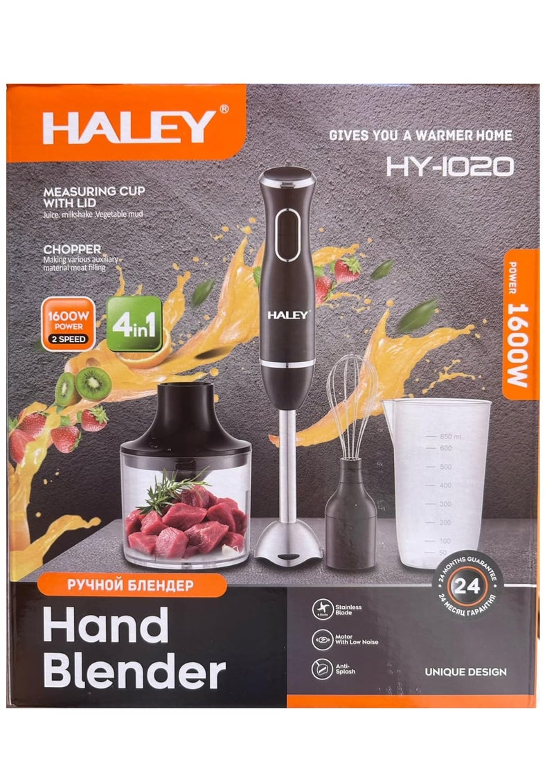 Wtrtr HALEY Hand Blender, 1600W 4-in-1 Stick Mixer, Immersion Hand Blender, Stainless Steel Food Processor,Mixing Cup,Meat Grinding Bowl.2-Year Warranty,HY-1020 (4 in 1)