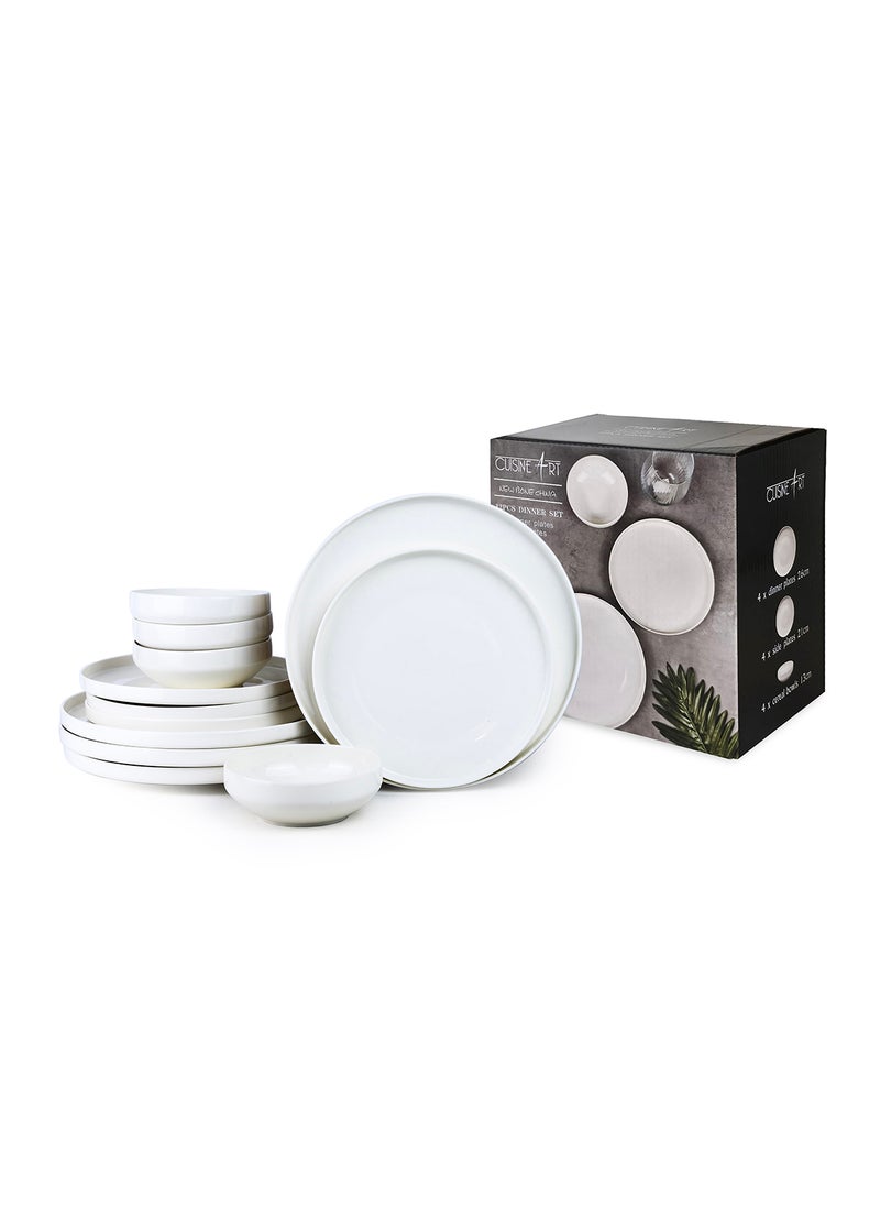 Cuisine Art Chole Bone China Dinner Set for Every Meals - 12 Pieces|4 Dinner Plates Dia (26.4cm) 4 Side Plates, 4 Bowls (Dia 13.3x H4.7cm) White Elegant Plates for Everyday Dining & Special Occasions