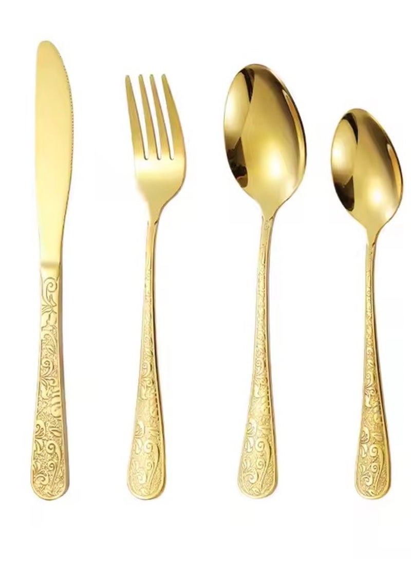 24 Piece Goldware with Crafted Handles Flatware Cutlery Set Stainless Steel Utensils Service for 6 Include Knife Fork Spoon Mirror Polished and Dishwasher Safe