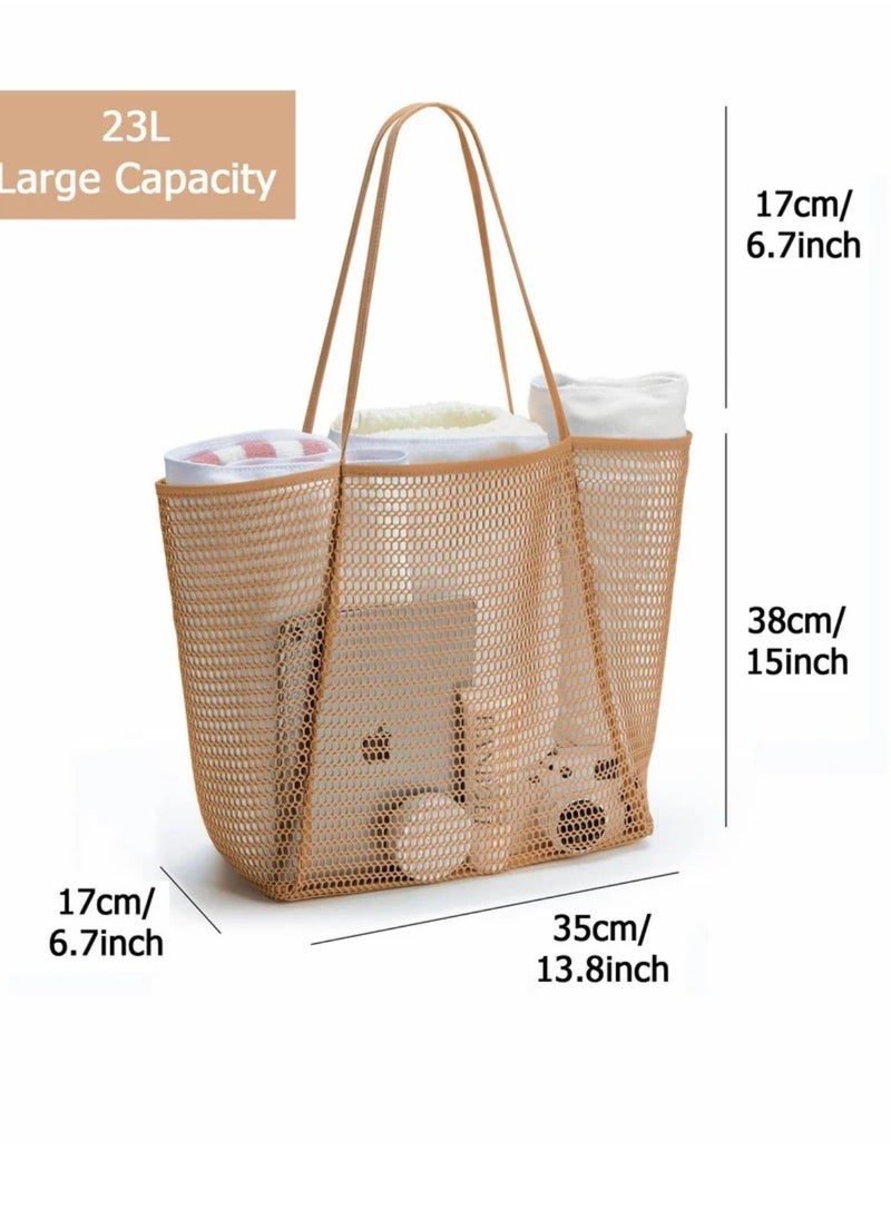 Mesh Beach Bag for Women, Large Tote Bag Lightweight Foldable Beach Tote with Zipper Pocket for Women Vacation Beach Pool Trip