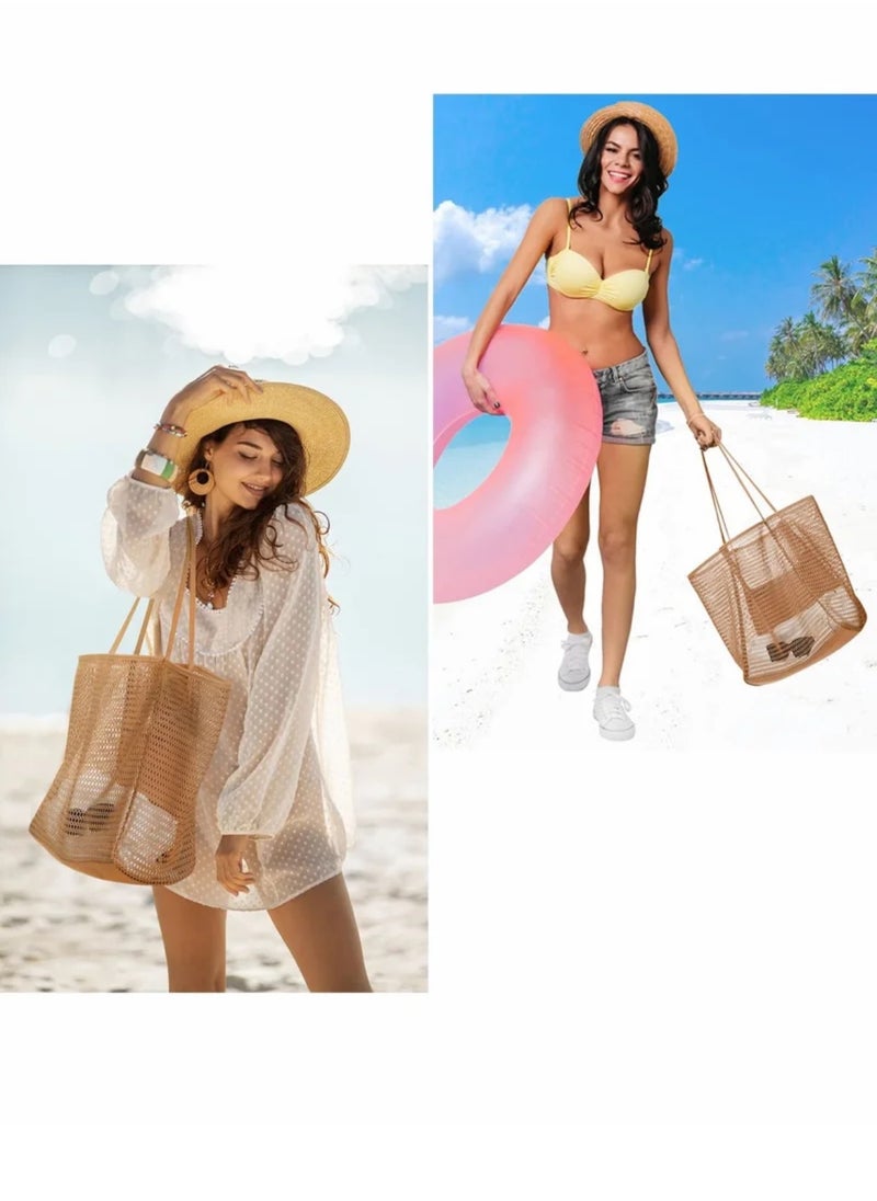 Mesh Beach Bag for Women, Large Tote Bag Lightweight Foldable Beach Tote with Zipper Pocket for Women Vacation Beach Pool Trip