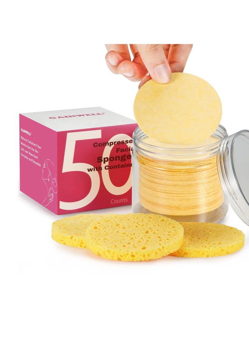 50-Count Compressed Facial Sponges with Storage Container, for Facial Cleansing, Reusable Makeup Remover, Portable, Suitable for Travel, Yellow