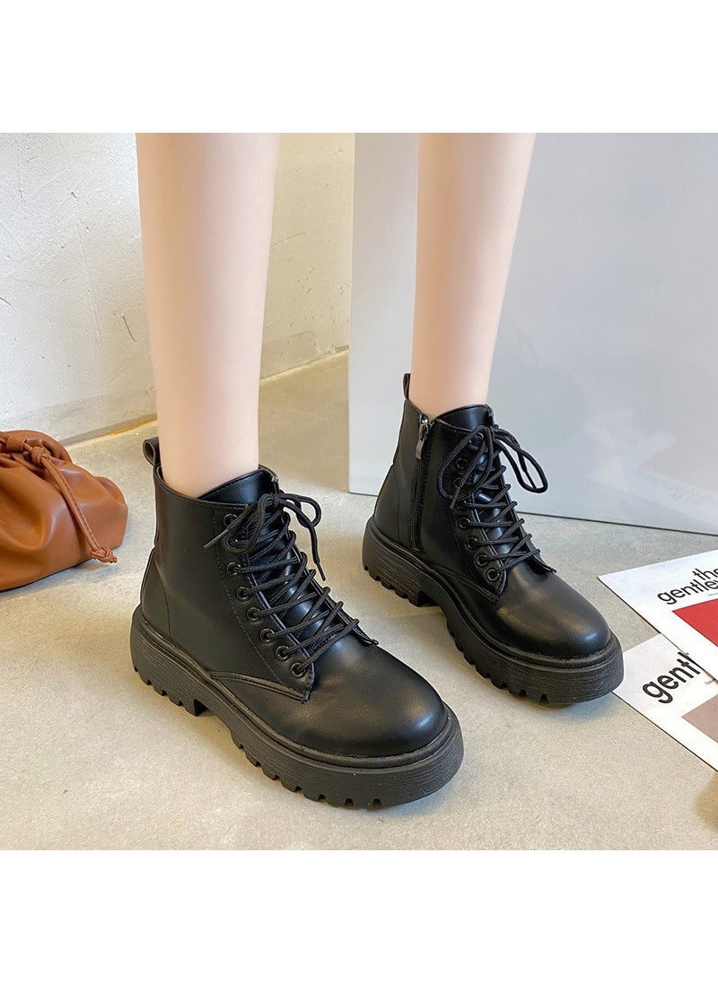 Black Lace-Up Martin Boots Women Summer New Thick Sole Short BootiesBlack Black