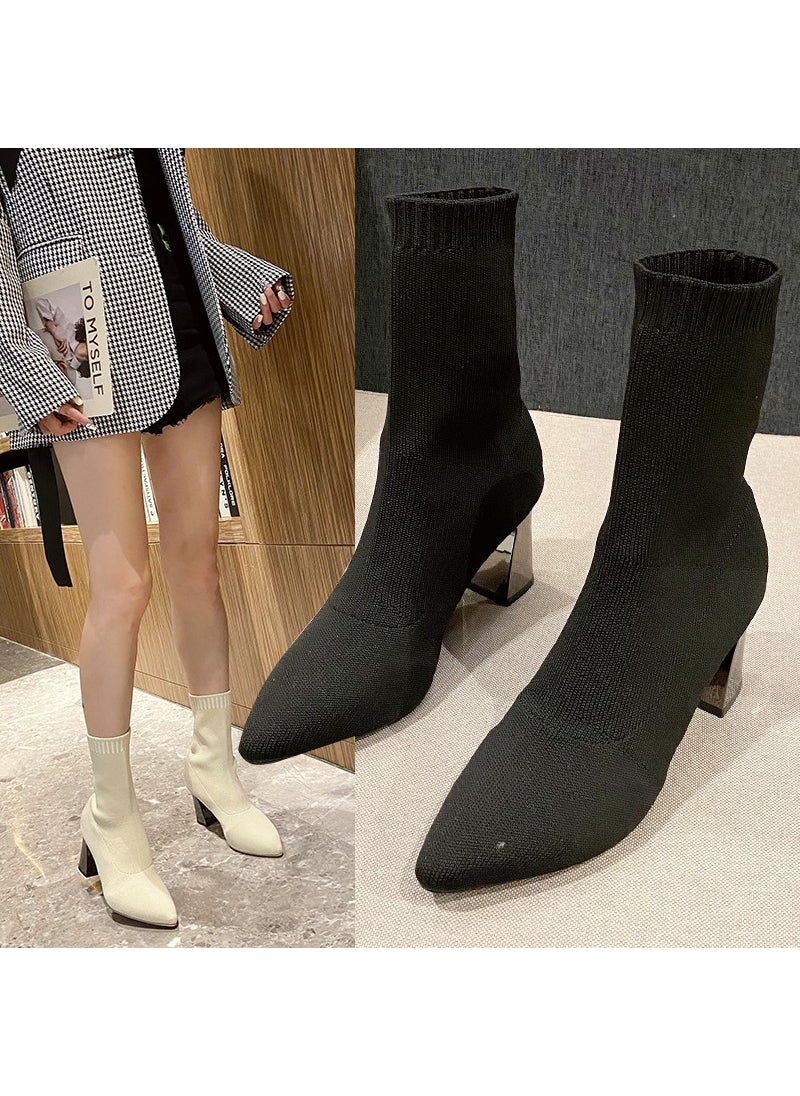 New Korean Autumn Winter Ankle Boots with Chunky HeelsBlack Black