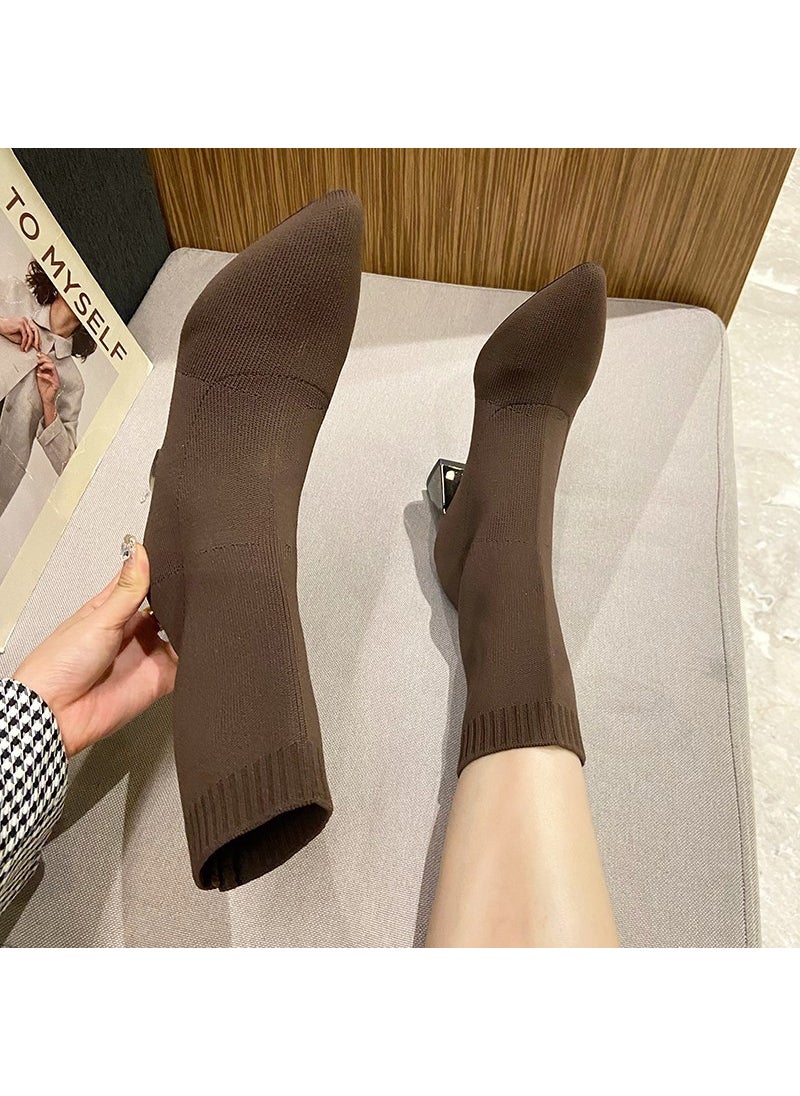 New Korean Autumn Winter Ankle Boots with Chunky HeelsDark brown Dark brown