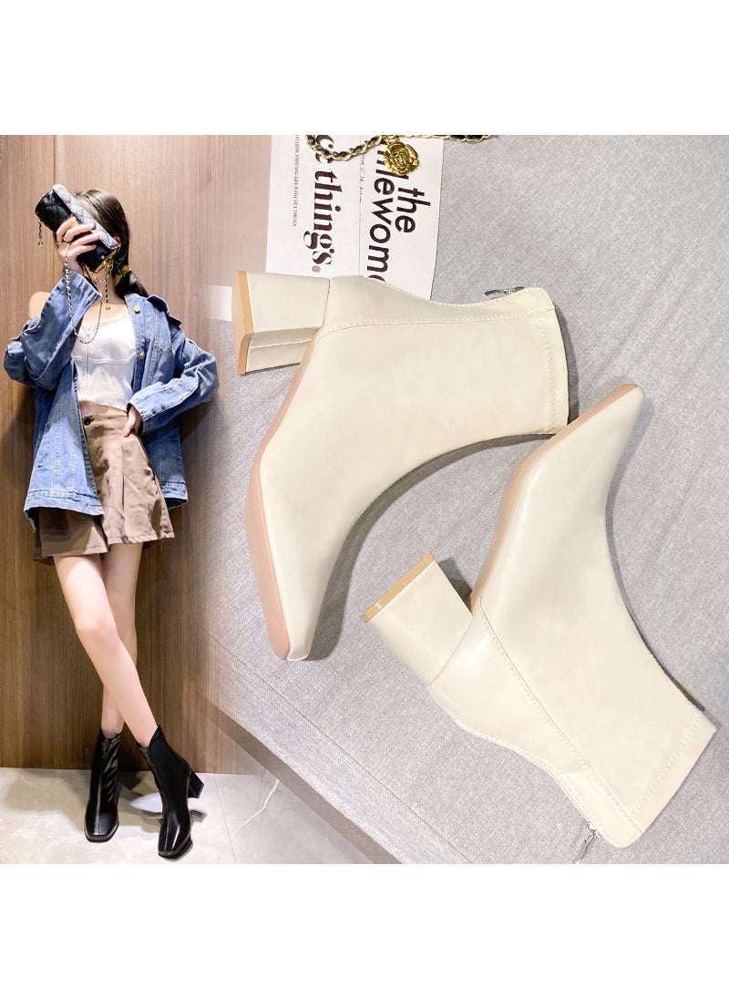 Autumn New Martin Boots Women Fashion Square Toe Chunky HeelBeige White Beige White