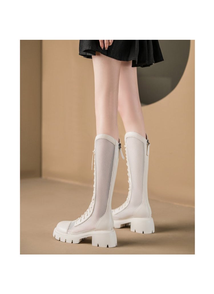 Knights Boots Womens Spring and Summer Chubby Girl Large Size Womens Boots Hollow Mesh Long Boots Thin Large Barrel High BootsBand White Band White