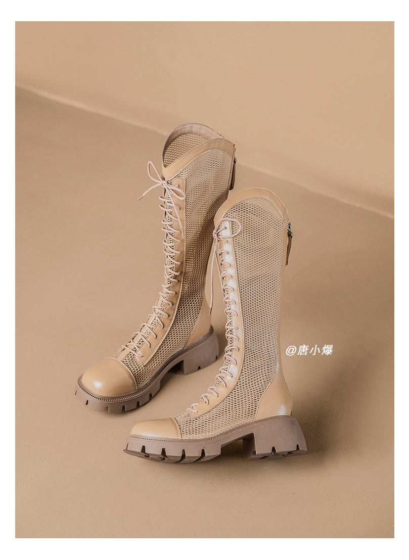 Knights Boots Womens Spring and Summer Chubby Girl Large Size Womens Boots Hollow Mesh Long Boots Thin Large Barrel High BootsStrap Khaki Strap Khaki