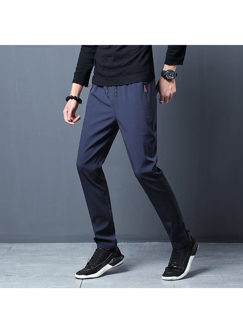 Summer Thin Silk Mens Casual Pants Elastic Sports Blue