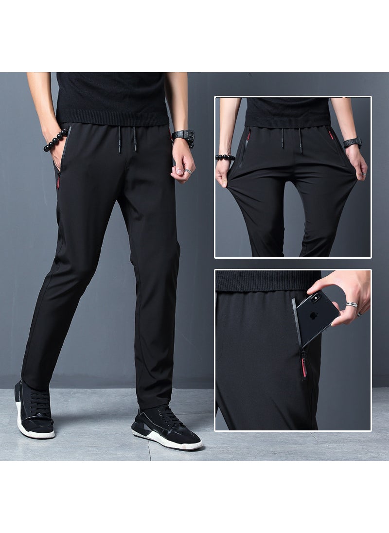 Summer Thin Silk Mens Casual Pants Elastic Sports Black