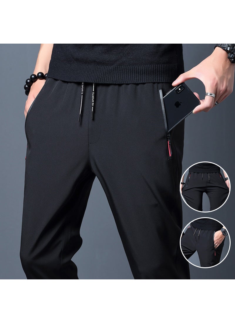 Summer Thin Silk Mens Casual Pants Elastic Sports Black