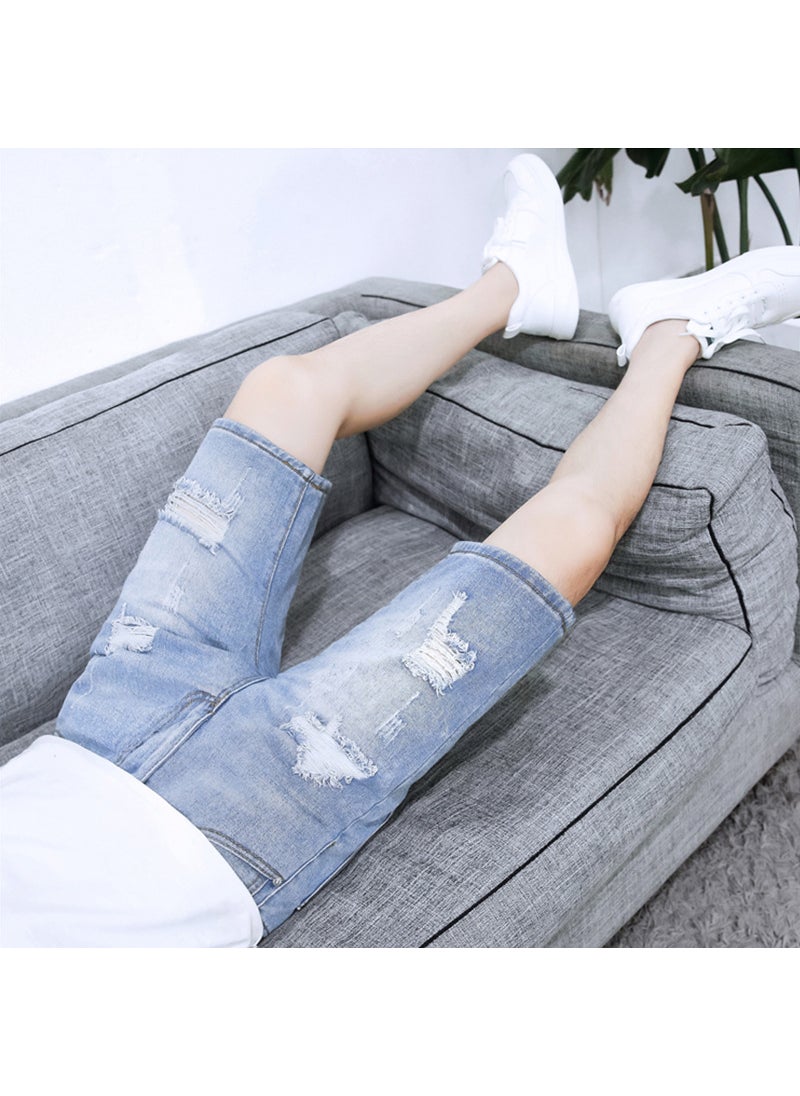 Summer Ripped Denim Shorts Mens Slim Fit L51 Blue