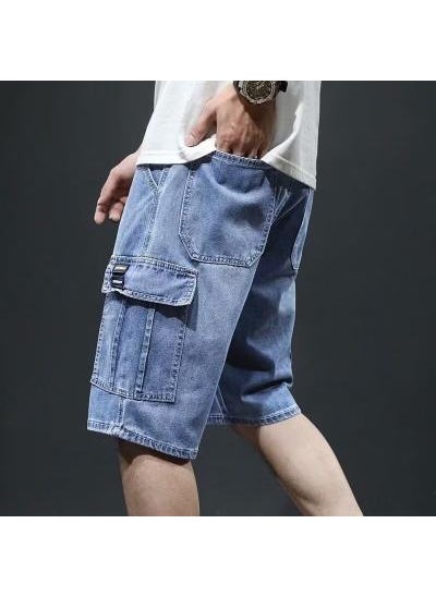 Summer Mens Cargo Denim Shorts Loose Multi-Pocket Blue