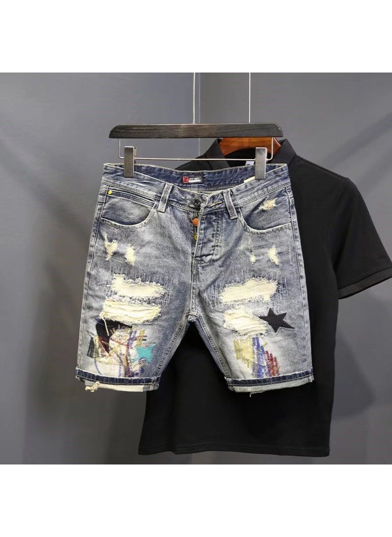 Mens Ripped Denim Shorts Trendy Summer Blue