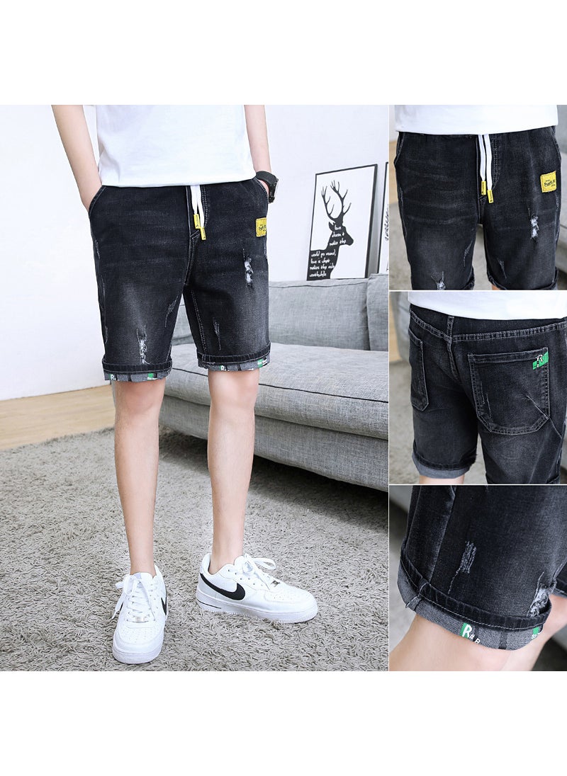 Summer Ripped Denim Shorts Mens Slim Fit L85 Black