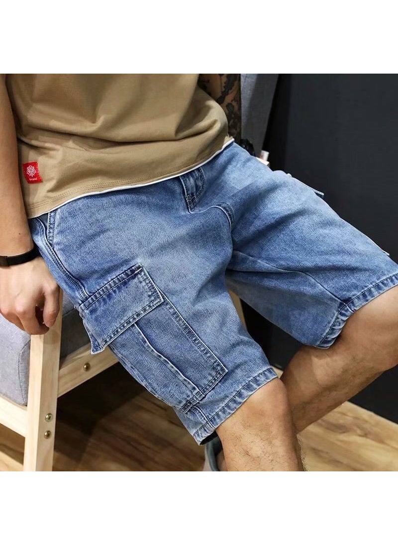 Summer Mens Cargo Denim Shorts Loose Multi-Pocket Black Gray