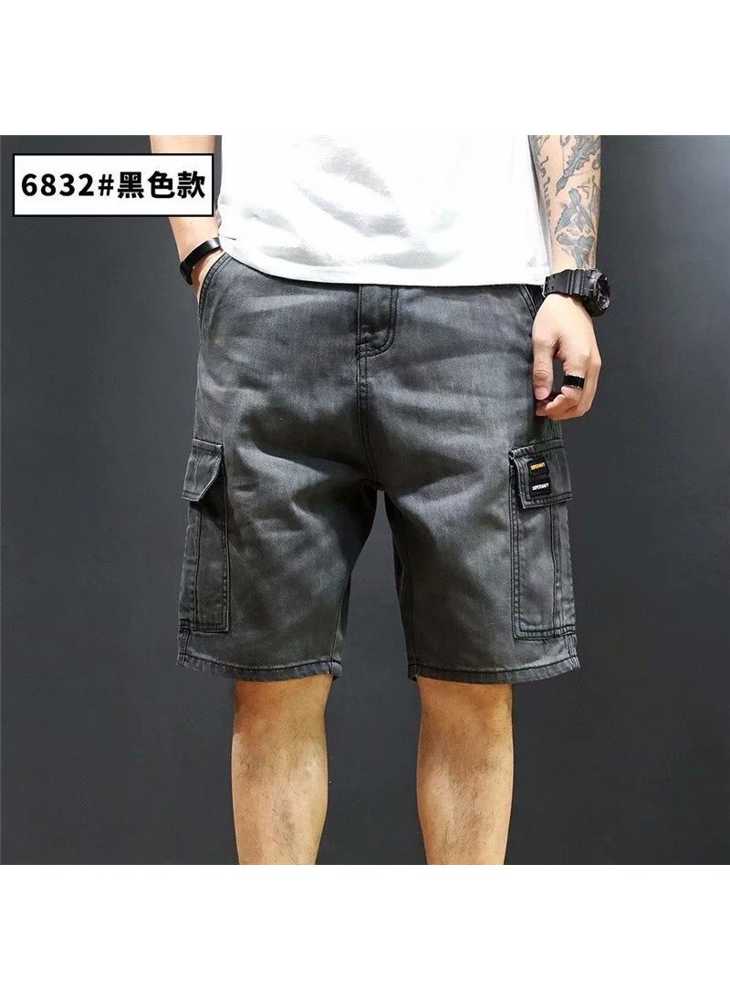 Summer Mens Cargo Denim Shorts Loose Multi-Pocket Black Gray