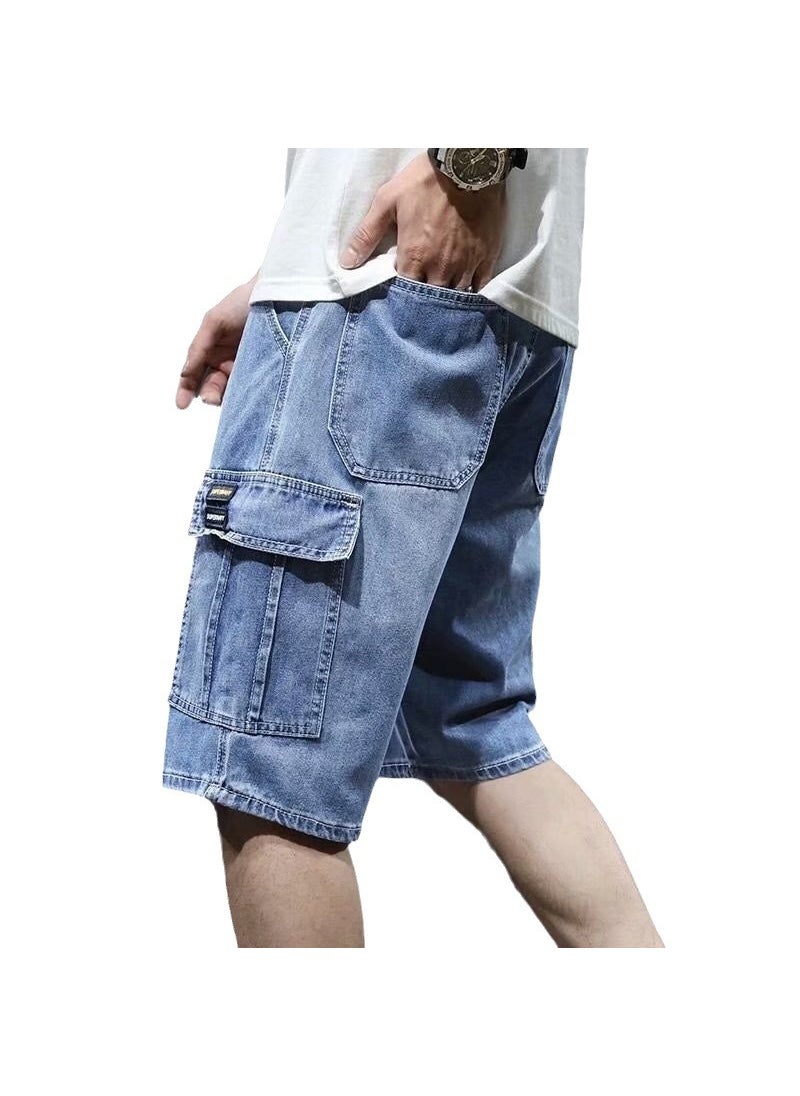 Summer Mens Cargo Denim Shorts Loose Multi-Pocket Black Gray