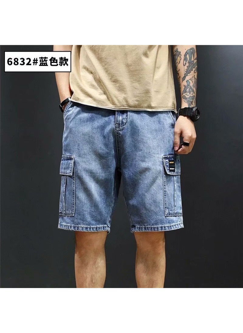 Summer Mens Cargo Denim Shorts Loose Multi-Pocket Black Gray