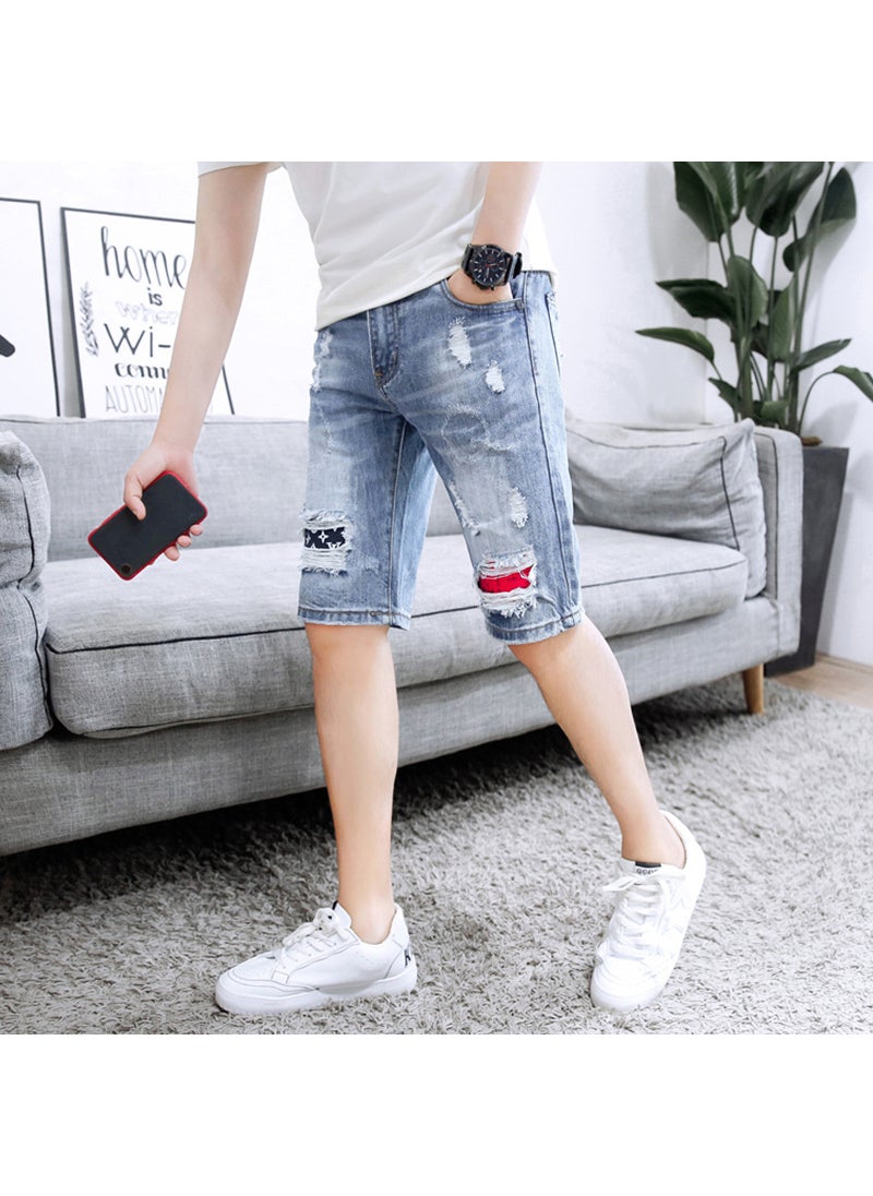 Summer Ripped Denim Shorts Mens Slim Fit L52 Blue