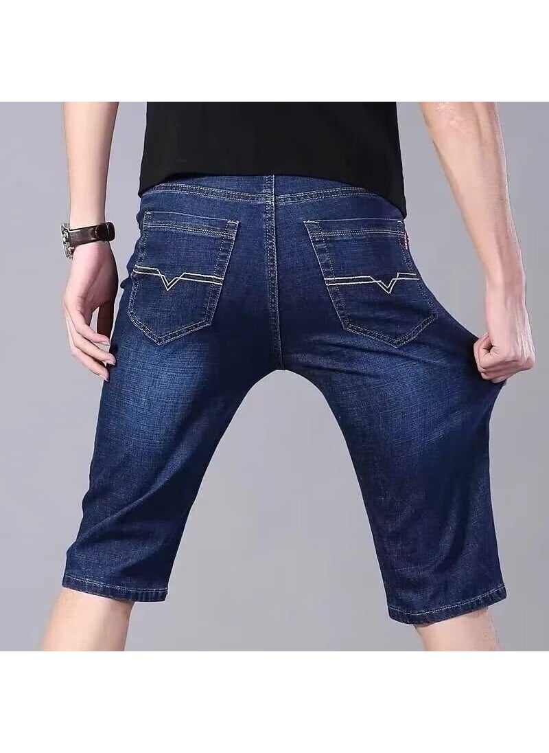 Mens Denim Shorts Straight Loose Summer Dark Blue