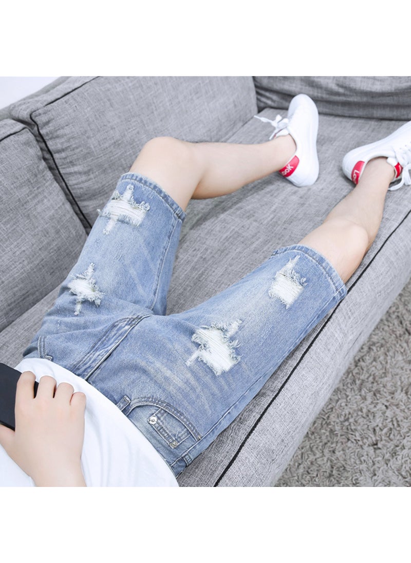 Summer Ripped Denim Shorts Mens Slim Fit L53 Blue