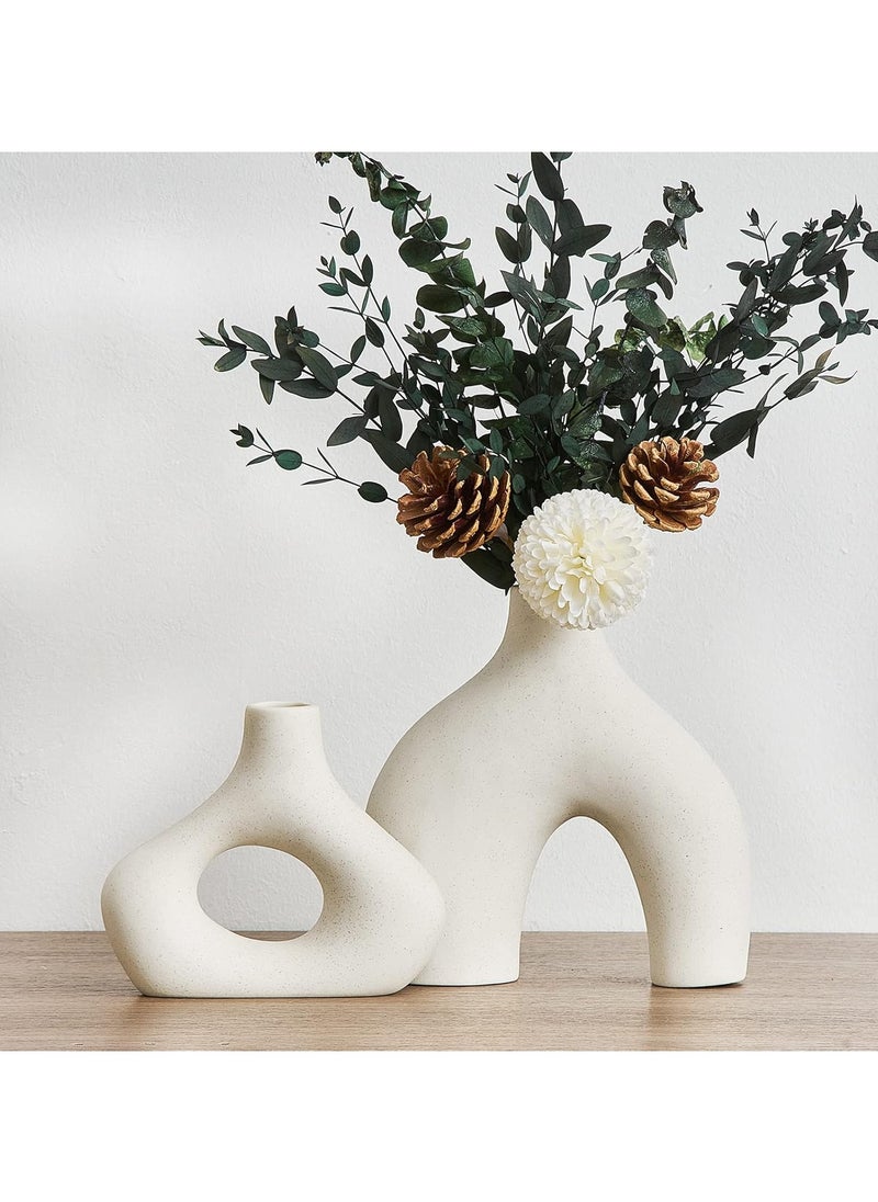 White Ceramic Donut Vase Set of 2 for Modern Home Decor, Minimalist Round Vase for Centerpieces, Unique Neutral Boho Vase for Living Room, TV Stand, Dining Room, Dinner Table Decoration