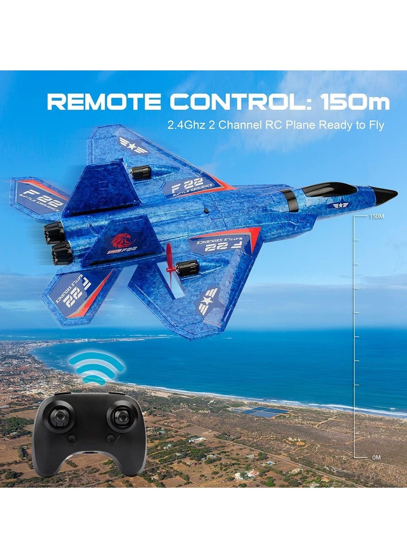 RC Plane, F22 Airplane Fighter Ready to Fly, 2.4Ghz 2 Channel Remote Control Airplanes Toy for Boys Girls Kids Beginners, Assorted Colors Blue