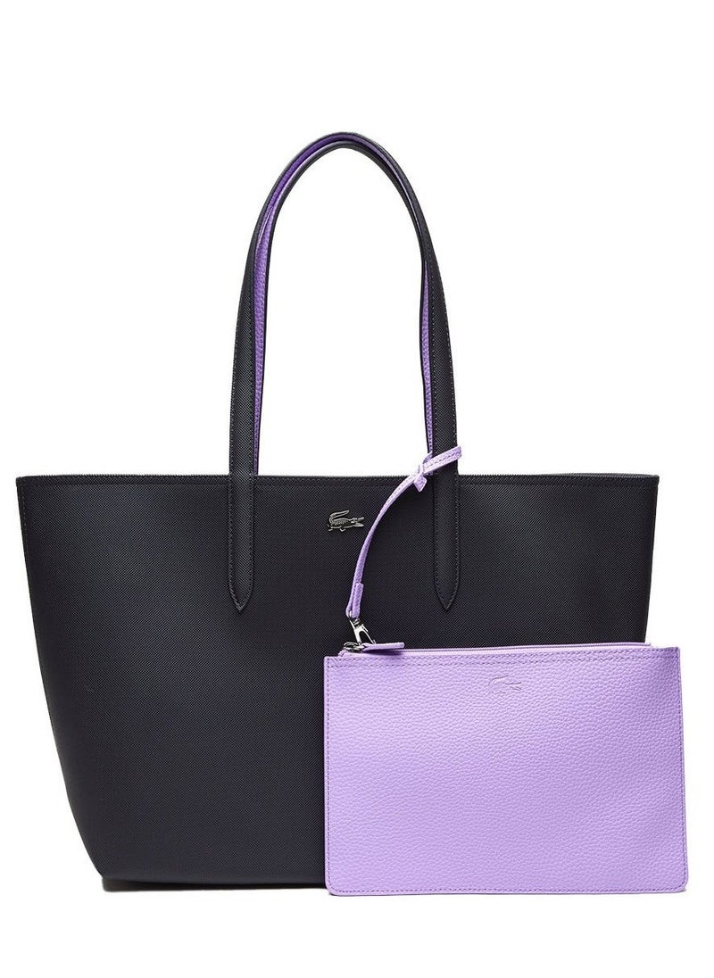 Lacoste Women's Anna Tote Bag Classic Large Capacity Reversible Bicolour Handbag,Black/Purple