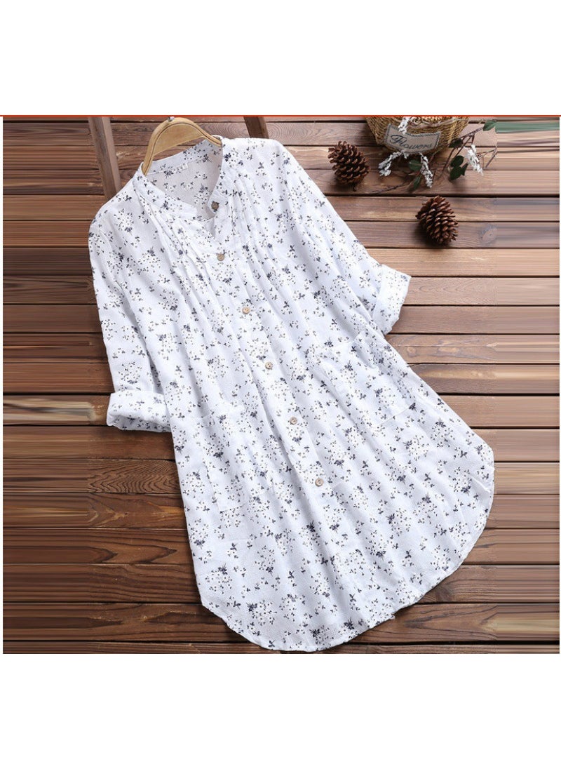 Cotton Linen Floral Long Loose Womens Shirt White