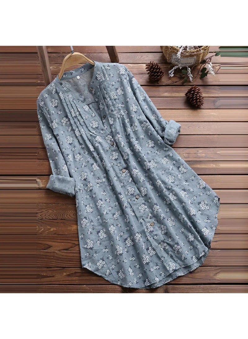 Cotton Linen Floral Long Loose Womens Shirt Green