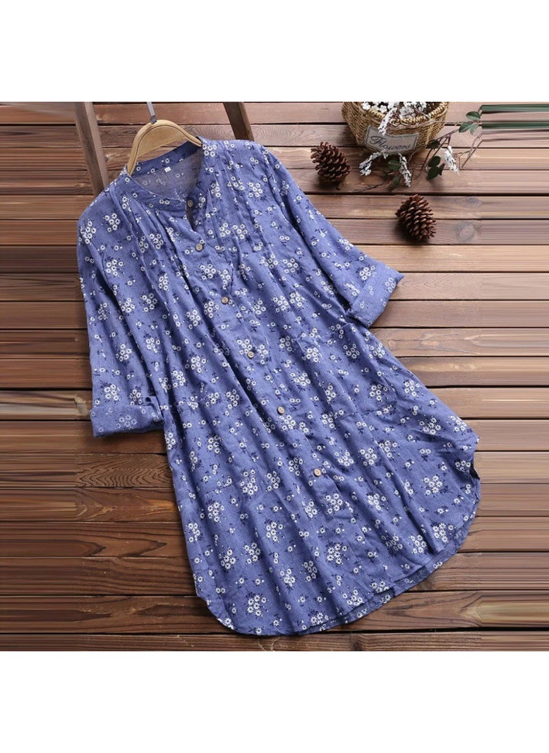 Cotton Linen Floral Long Loose Womens Shirt Blue