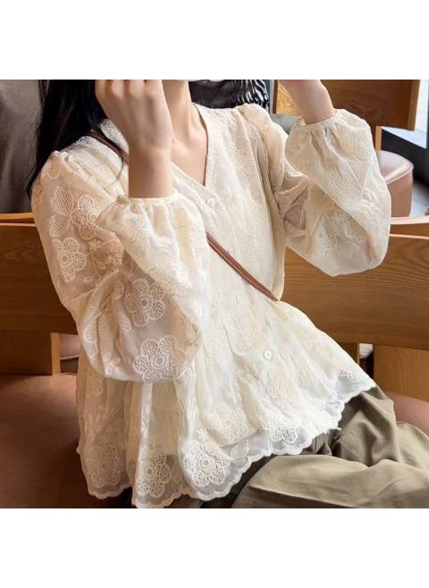 Korean Fashion Sweet Lace Bubble Sleeve Blouse Apricot