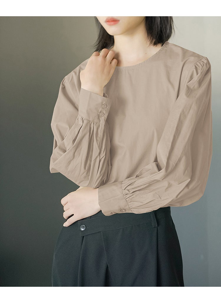 Chic Loose Long Sleeve Womens Casual Shirt Apricot