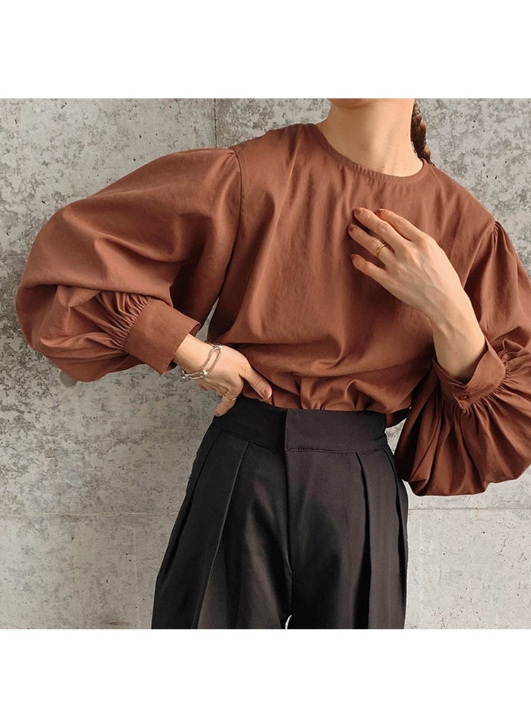 Chic Loose Long Sleeve Womens Casual Shirt Coffee