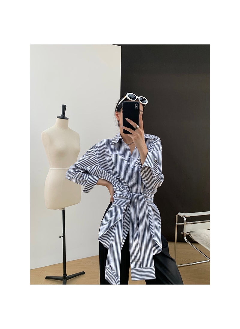 HongShan 2024 Autumn Chic Striped Shirt Tie-Front Top Stripes