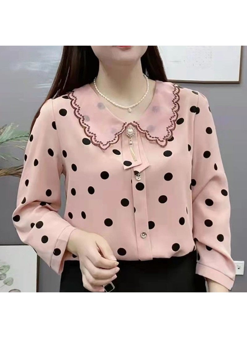 2023 Spring Summer Butterfly Collar Slimming Polka Dot Blouse for Women Pink